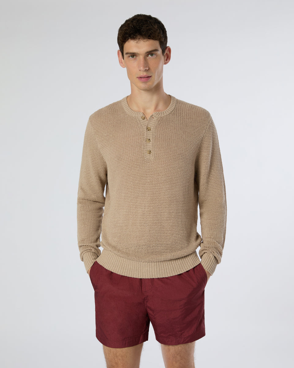 ★LMOOD★ Charrur Stripe Henley Neck Half Knit Ivory Linen Henley Sweater – onia