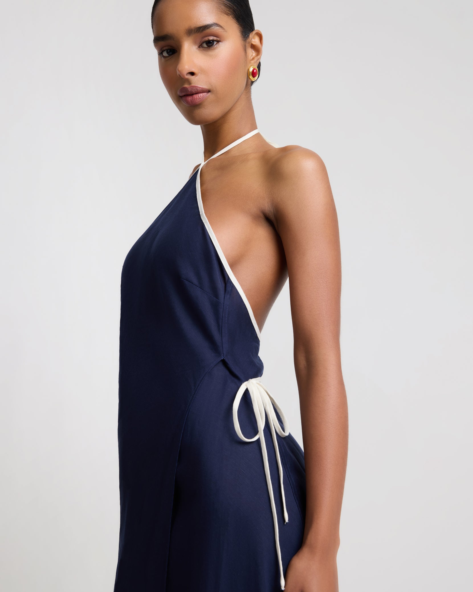 wrap front halter neck dress Wrap Front Halter Neck Metallic Gown - MEDIUM / GREY