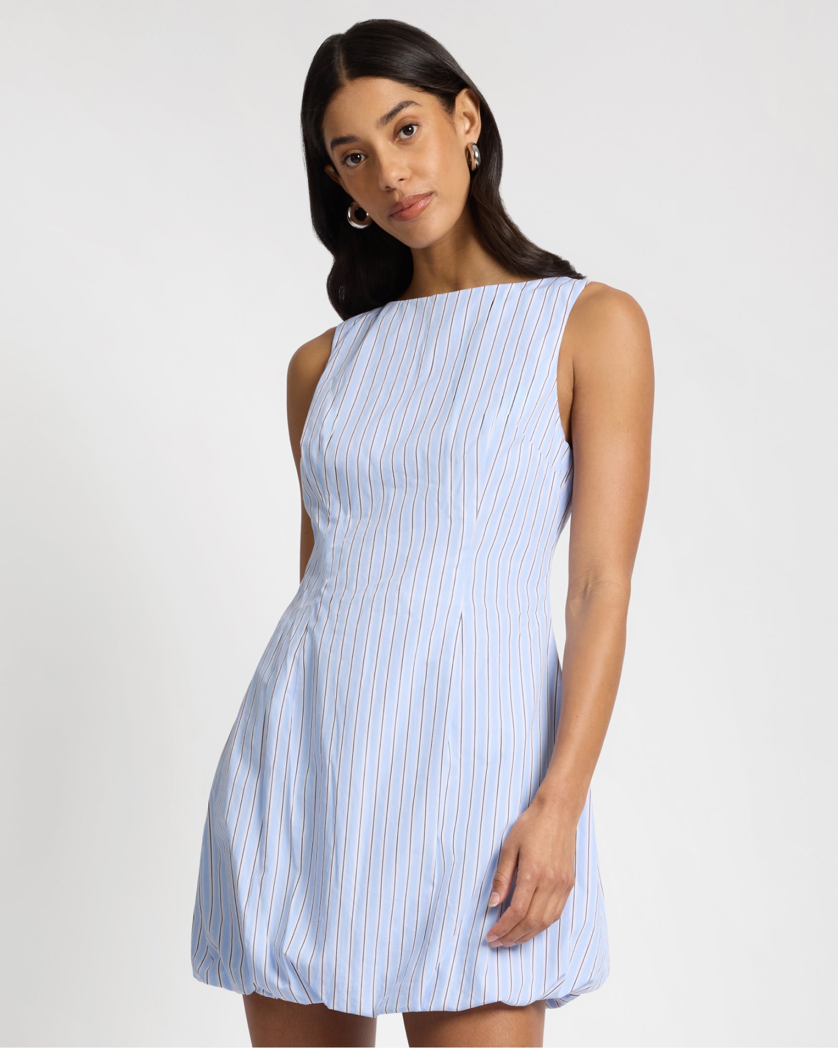 bateau neckline mini dress Leset Nando Stripe Boatneck Mini Dress in Natural Midnight Stripe in Cotton
