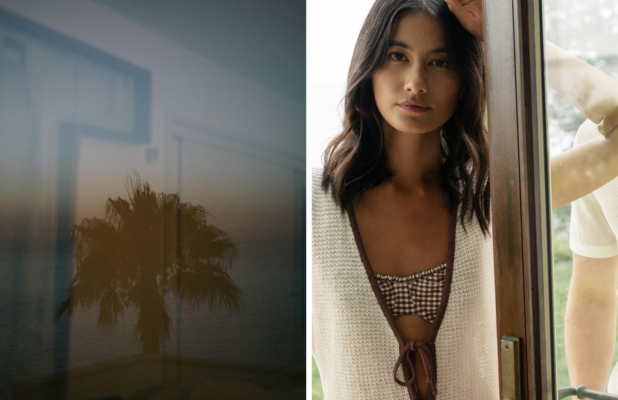 Woman in a checkered bikini top and white cover-up standing by a glass door with palm tree reflection.