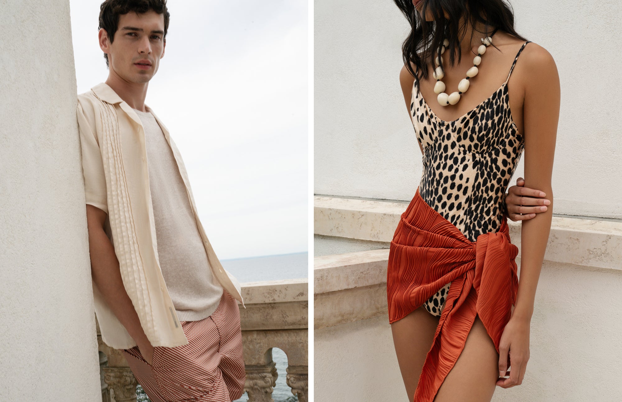 Two people, one in a beige shirt and pink pants, the other in a leopard print top and orange wrap, standing against different backdrops.