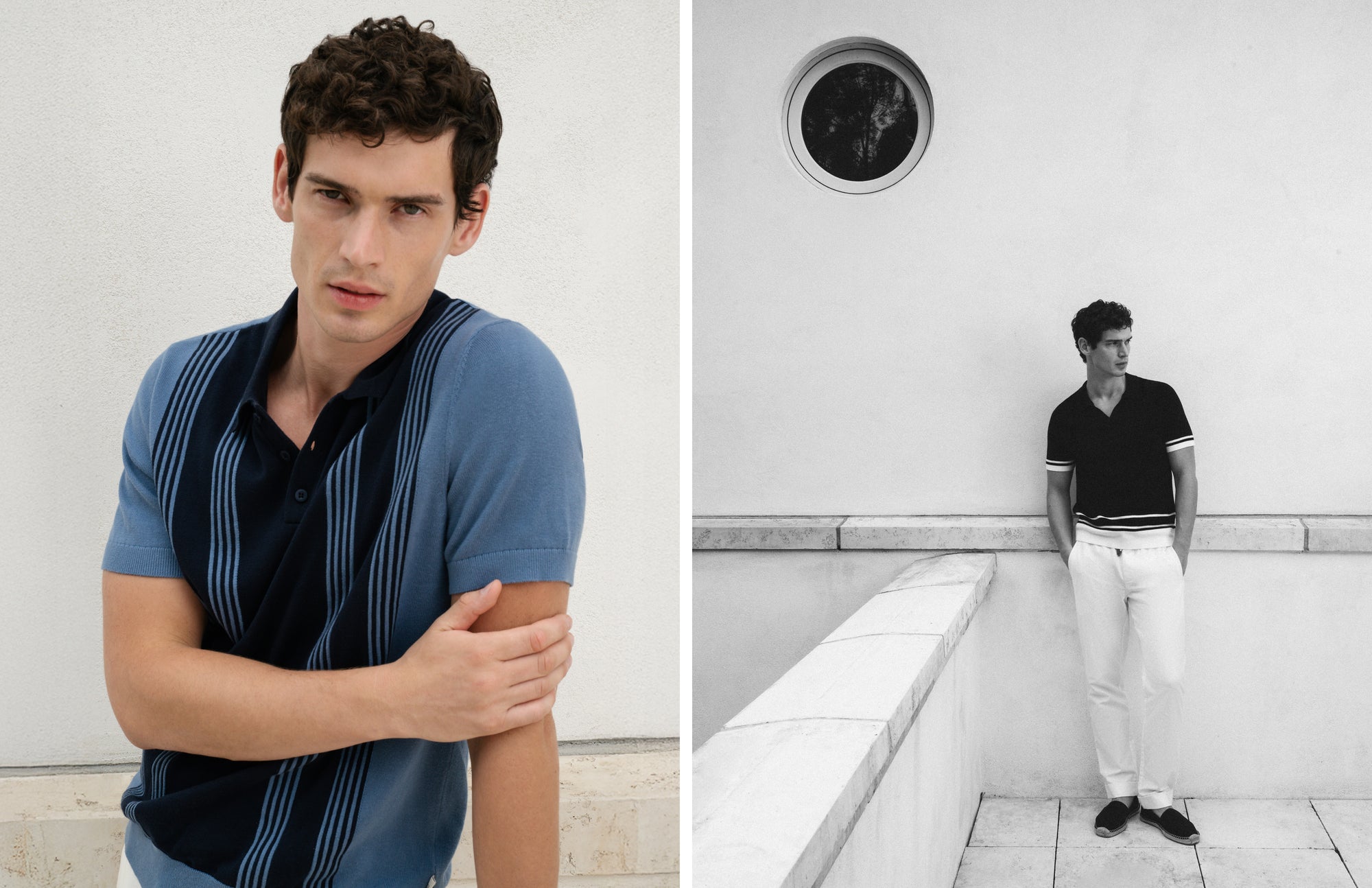Two images of a man in different outfits against a white background