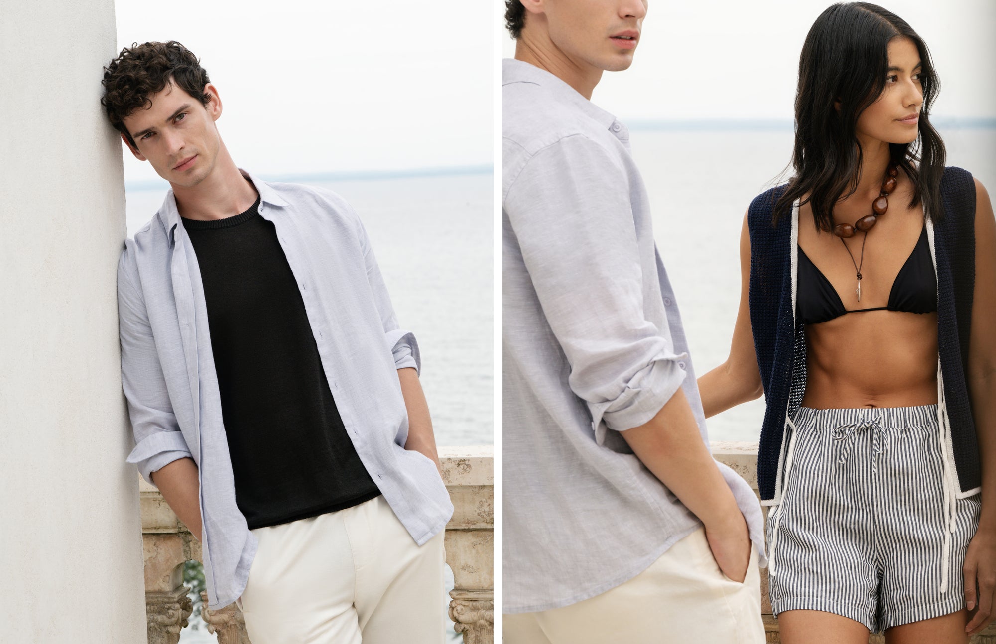 Two people in casual summer outfits by a coastal setting