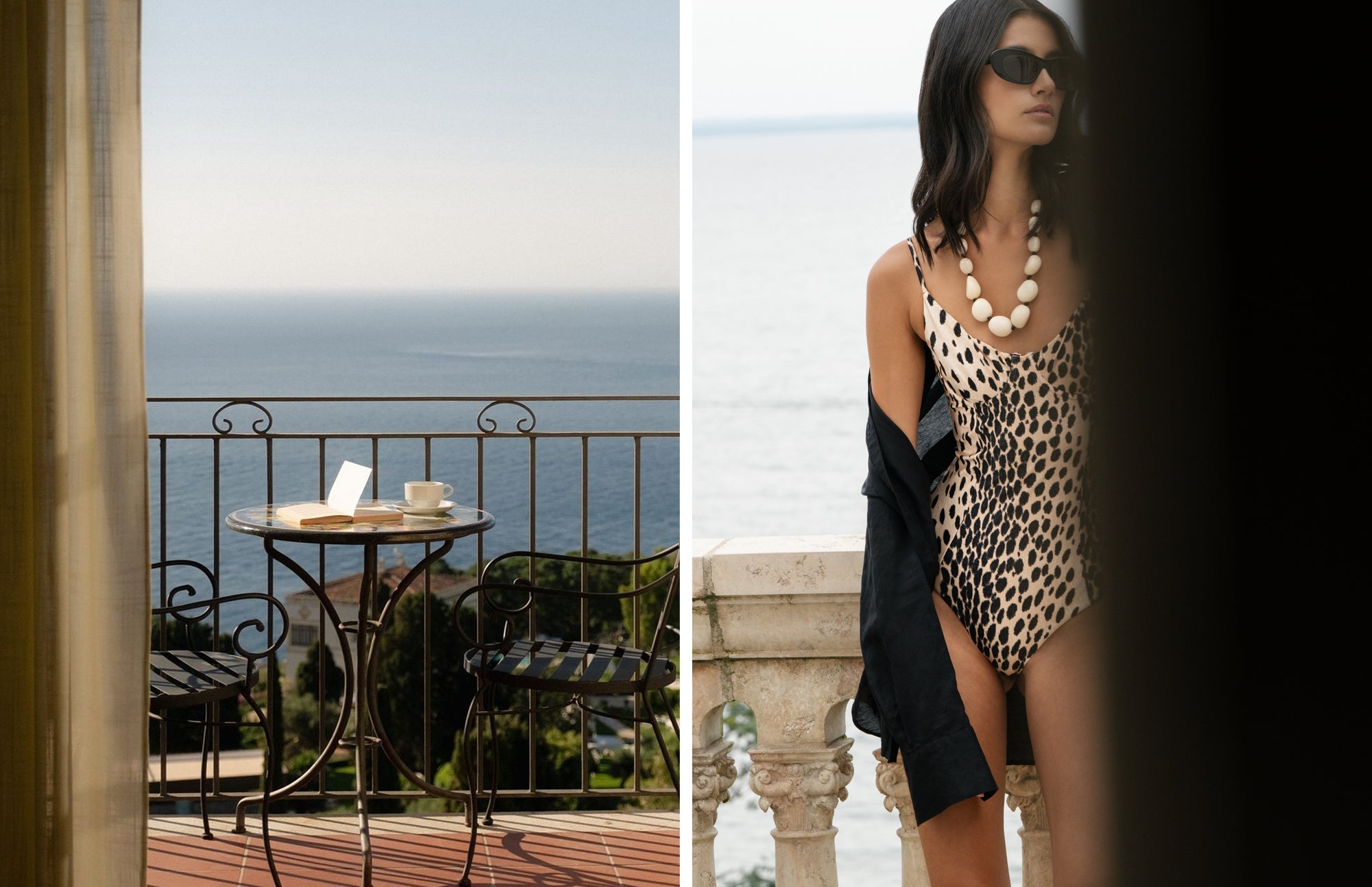 Woman in leopard print swimsuit on a balcony with ocean view