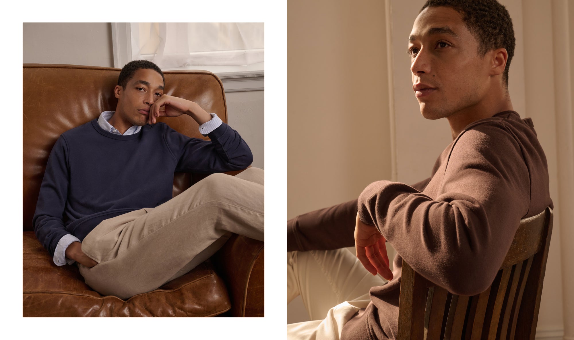 Two men sitting in different settings, one on a leather chair and the other in a wooden chair.