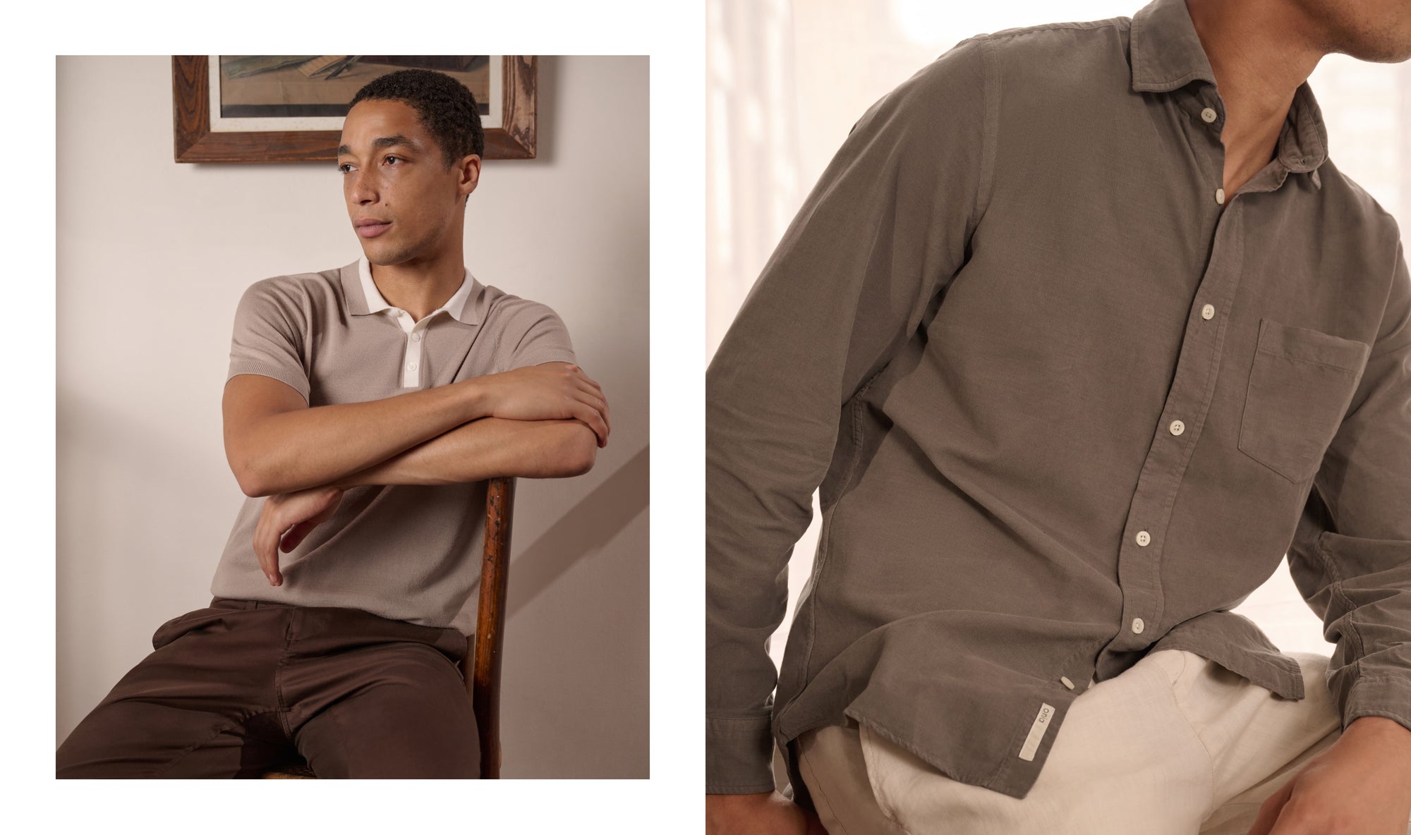 Man wearing a gray button-up shirt sitting on a chair, with a close-up of the shirt's collar and buttons.
