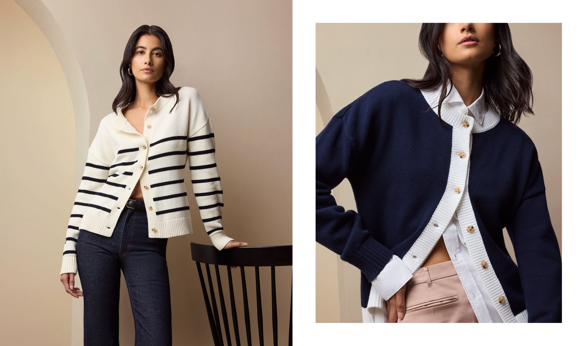 Two images of a woman wearing different cardigans against a beige background