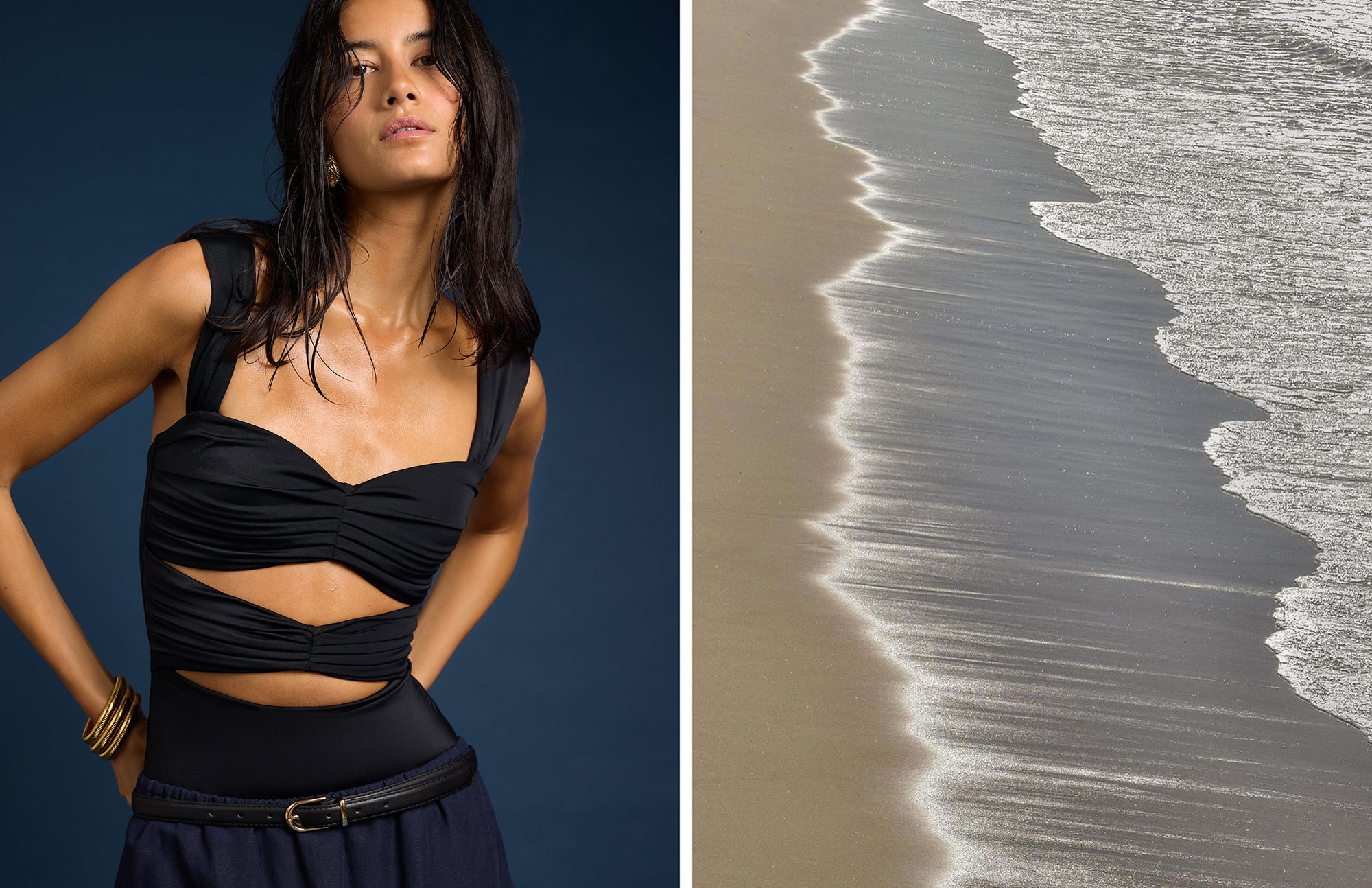 Woman in a black one piece on a dark blue background with a beach scene on the right.