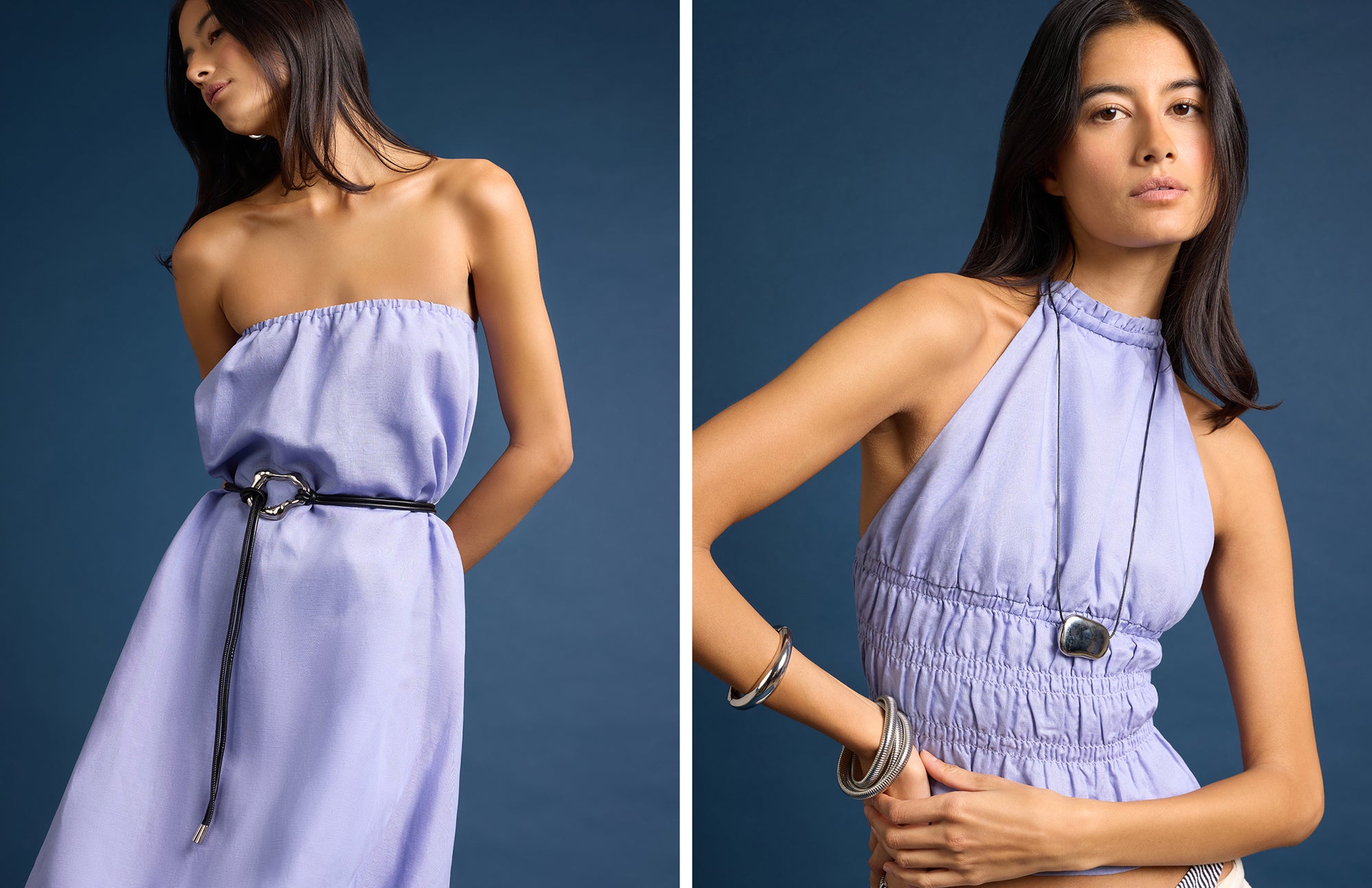 Two images of a woman wearing a light purple dress against a dark blue background.