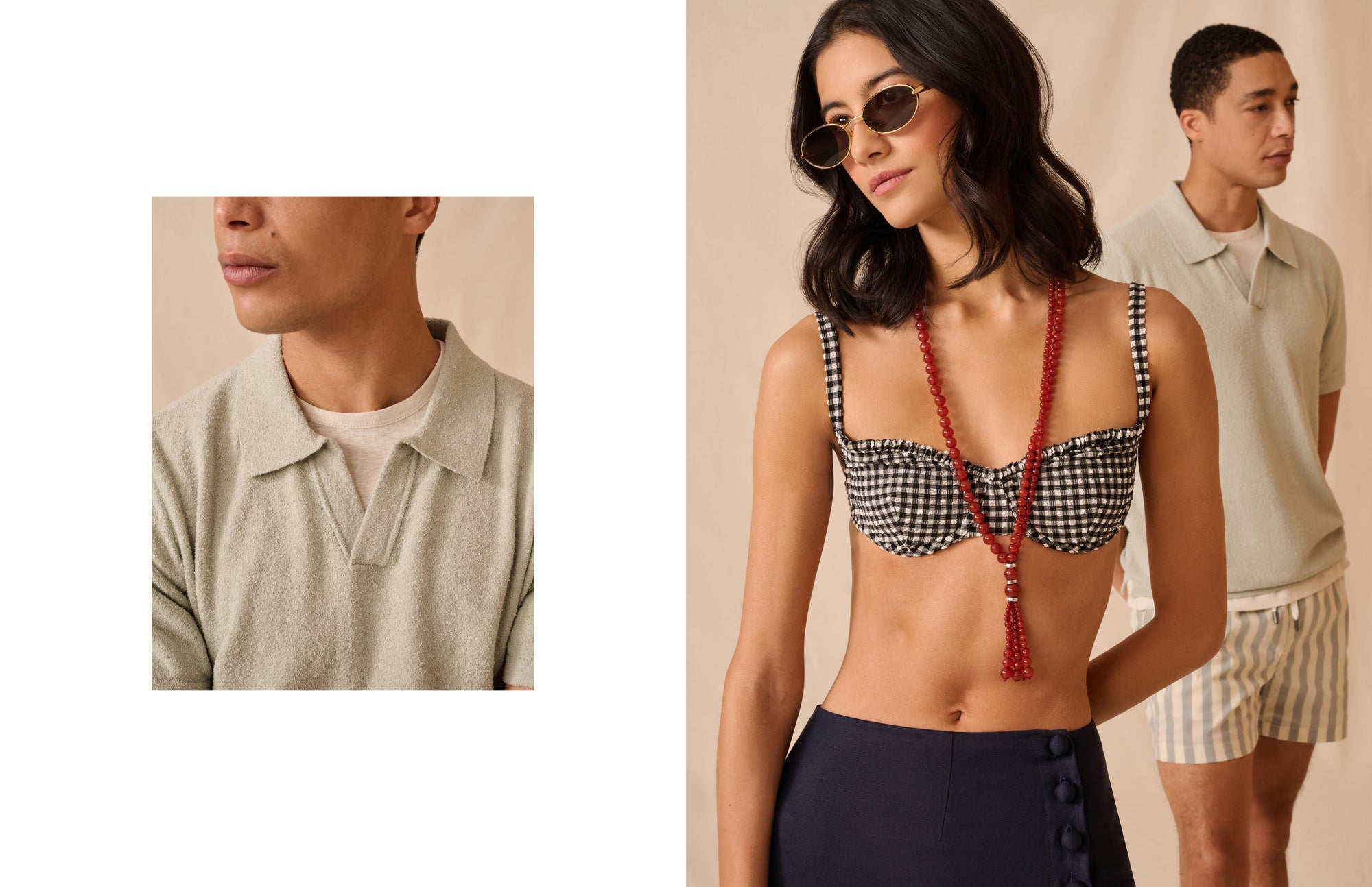 Woman wearing a gingham bikini top with red necklace and navy shorts, standing next to two men in polo shirts and shorts.