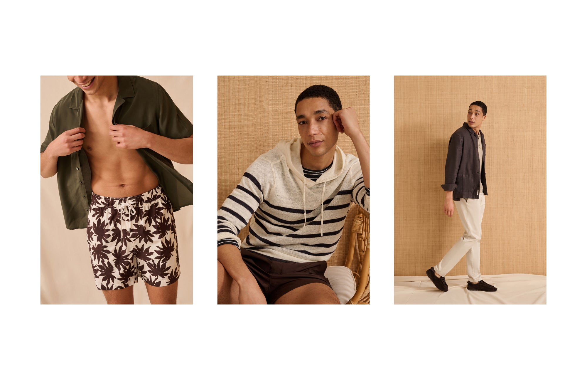 Three different outfits worn by a person against various backgrounds