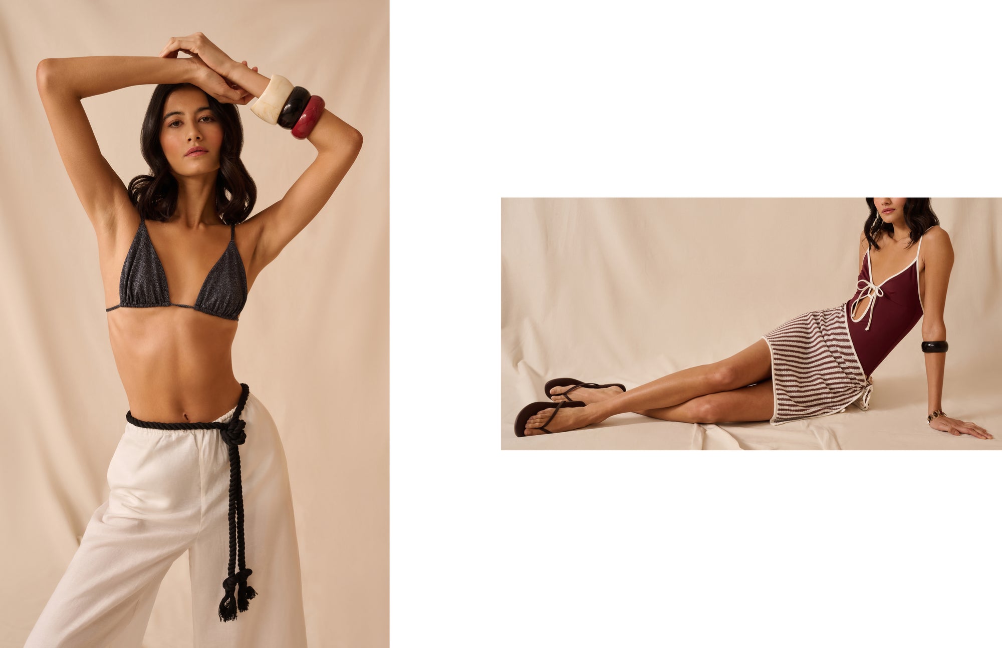 Woman in black bikini top and white pants posing against a beige background