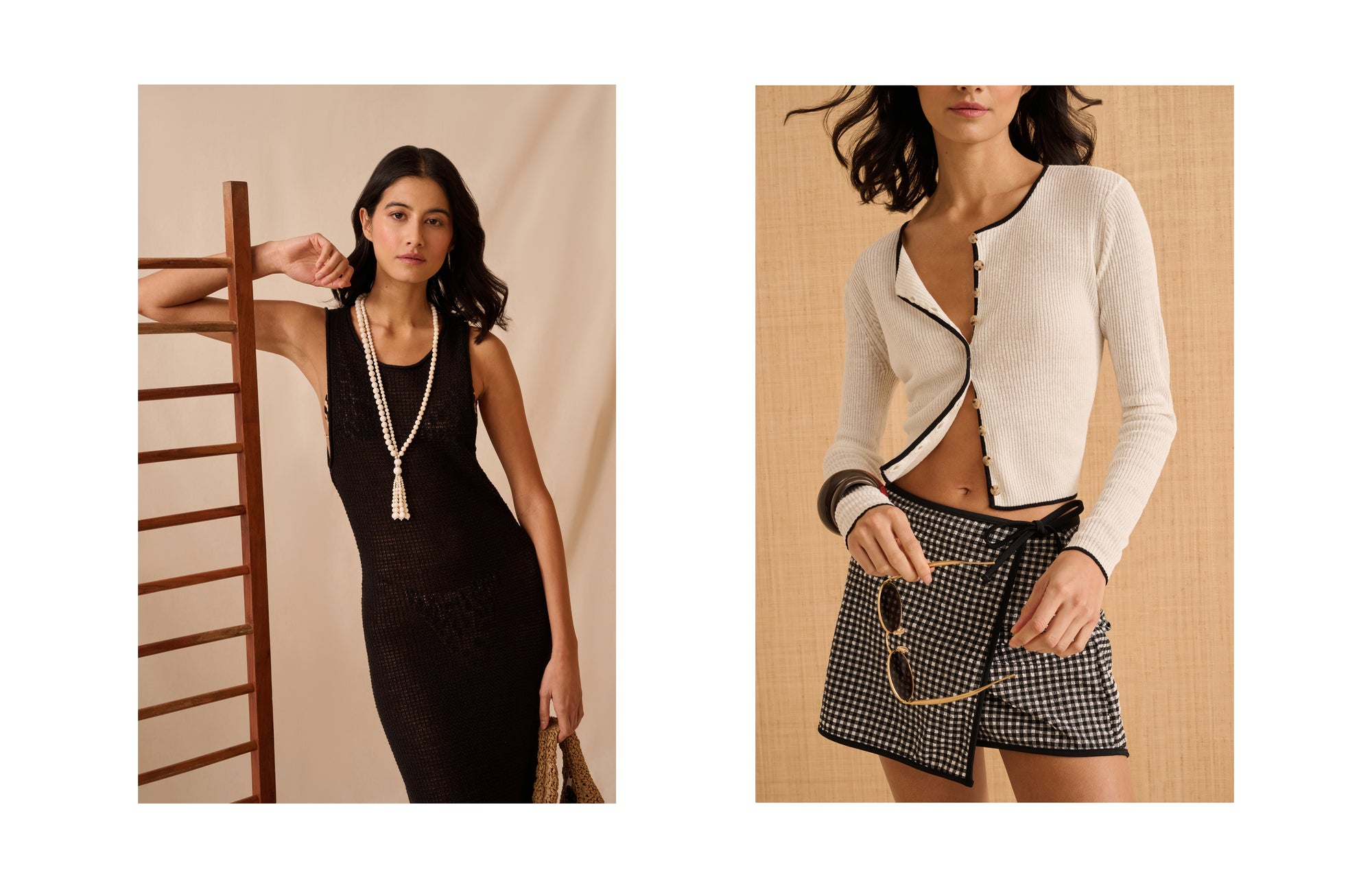 Two women's outfits worn by a model against a neutral background
