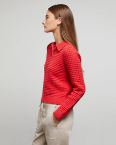 Macro Waffle Sweater Polo in True-Red - 3 - Onia