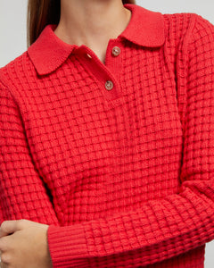 Macro Waffle Sweater Polo in True-Red - 5 - Onia