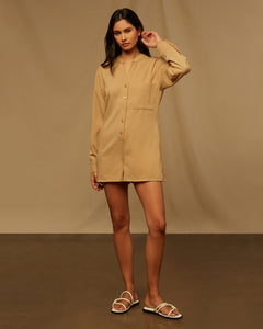 Crinkle Button Down Romper in Tan - 6 - Onia