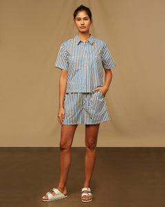 Poplin Home Short Sleeve Shirt in Dark Denim White - 6 - Onia