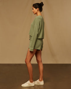 Cotton Waffle Sweater Cropped Crewneck in Sage Green - 5 - Onia