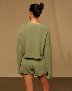 Cotton Waffle Sweater Cropped Crewneck in Sage Green - 3 - Onia