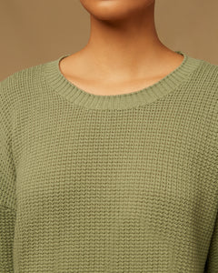 Cotton Waffle Sweater Cropped Crewneck in Sage Green - 4 - Onia