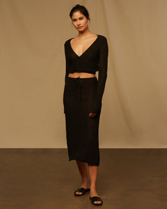Textured Linen Sweater Drawstring Midi Skirt in Black - 6 - Onia