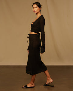 Textured Linen Sweater Drawstring Midi Skirt in Black - 7 - Onia