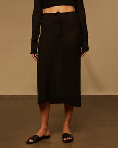 Textured Linen Sweater Drawstring Midi Skirt in Black - 3 - Onia