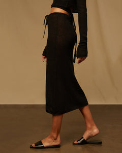 Textured Linen Sweater Drawstring Midi Skirt in Black - 2 - Onia