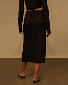 Textured Linen Sweater Drawstring Midi Skirt in Black - 4 - Onia