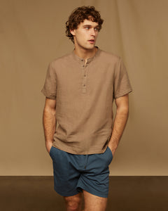 Linen Home Short Sleeve Henley Shirt in Cashew - 2 - Onia