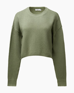 Cotton Waffle Sweater Cropped Crewneck in Sage Green - 2 - Onia