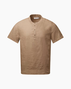 Linen Home Short Sleeve Henley Shirt in Cashew - 1 - Onia